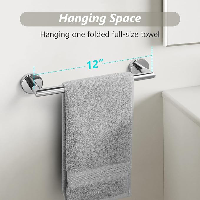 JunSun Bathroom Towel Bar 12 Inch Polished Chrome Towel Racks Wall Mount Bath Hand Towel Holder Modern Home Decor Towel Rod Bathroom Hardware Stainless Steel Towel Hangers Towel Rail Single Towel Bars