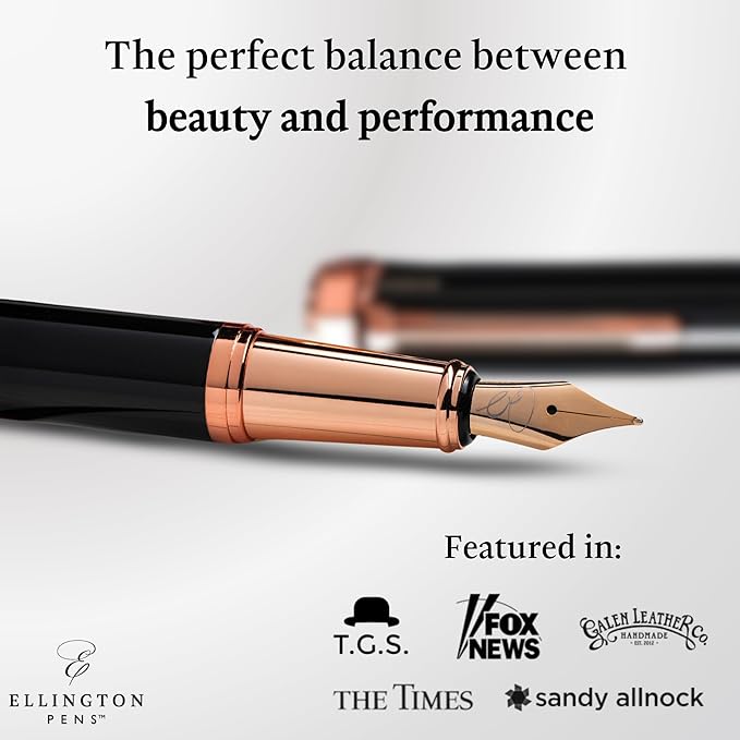 Ellington Pens Luxury Fountain Pen Set - Smooth Medium Nib- Includes 3 Ink Cartridges, Refillable Ink Converter, Gift Box- Fountain Pens For Writing, Calligraphy, Journaling, Sketching (Midnight Rose)