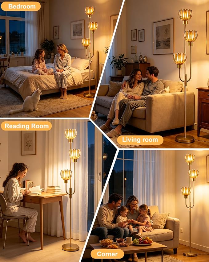 Lightdot 3-Lights Modern Glass Floor Lamp Gold Dimmable Floor Lamps with 3000K Warm White Bulbs for Wedding Party 66IN Tall Standing Lamp with Amber Glass Shade for Living Room/Bedroom/Home Decor