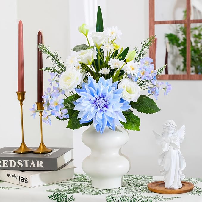 Artificial Flowers – Elegant Flower Bouquet, Faux Silk Dahlia & White Roses Floral Arrangement Fake Plant Decor for Home Indoor, Farmhouse kitchen Dining Decoration Wedding Table Centerpiece
