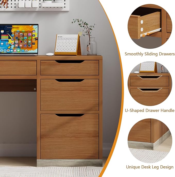Small Desk with Drawers, 52 Inch Computer Desk with Storage, Home Office Desk with Filing Table for Bedroom, Brown