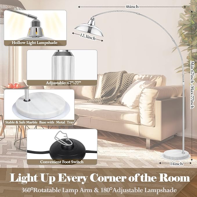 FILIYANO Modern 77" Arc Floor Lamp - Adjustable Standing Lamp for Living Room, Bedroom & Office, Brushed Nickel