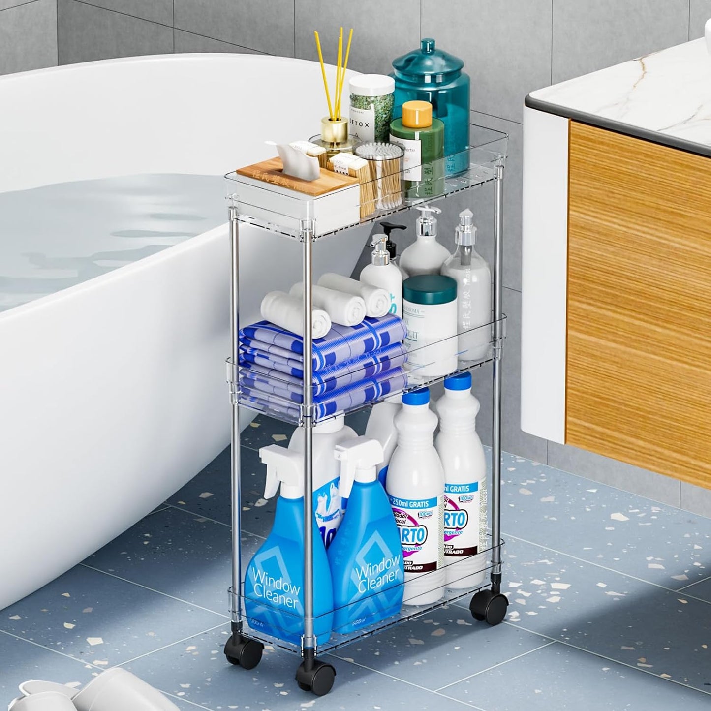 Yieach Clear 4-Tier Slim Rolling Storage Cart - 6.3" Wide Thin Shelves for Small Spaces | Bathroom & Laundry Use