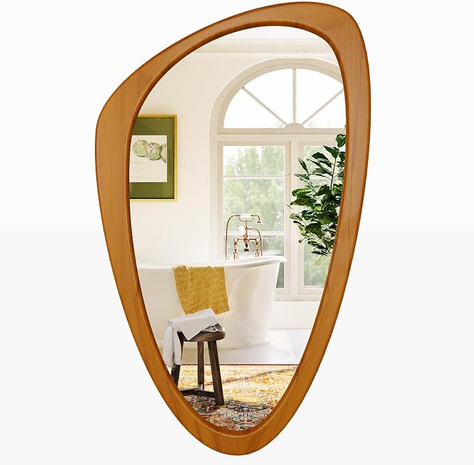 Asymmetrical Wall Mirror, 23x36 Inch Mid Century Modern Mirror, Irregular Wall Mirrors with Pine Wooden Frame for Living Room Bedroom Bathroom Entryway Hangs Horizontally or Vertically
