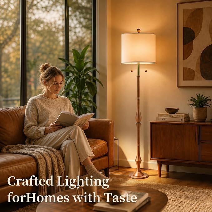 67.5'' Rustic Wooden Floor Lamp with Linen Shade, Farmhouse Standing Lamp for Living Room, Bedroom & Reading Nook, Warm Ambient Tall Lamp with Pull Chain (Brown)