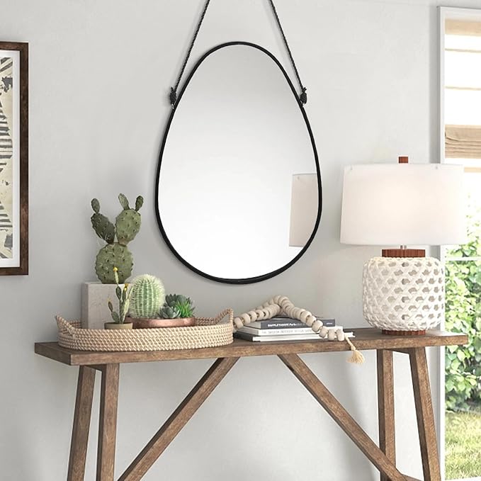 Irregular Wall Teardrop Shaped Hanging Mirror - Oval Wall-Mounted Mirror with Framed Mirror for Home - Bedroom, Bathroom, Living Room, Entryway, Hallway - 18x13 Inches Black