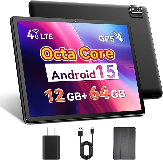 Topsand 10 Inch Android 15 Tablet with SIM Card Slot Uncloked,4G Cellular Tablet Phone, Octa-Core, 12GB+64GB, 2TB Expandable, Dual Cameras, 2.4G/5G WiFi, BT5.0, GPS (Case Included)
