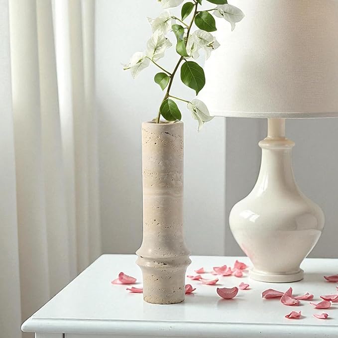 Flower Vase for Home Decor, Marble Bamboo Vase Rustic Vintage Decorations for Living Room, Table, Bathroom, Holiday & Weddings (Travertine)
