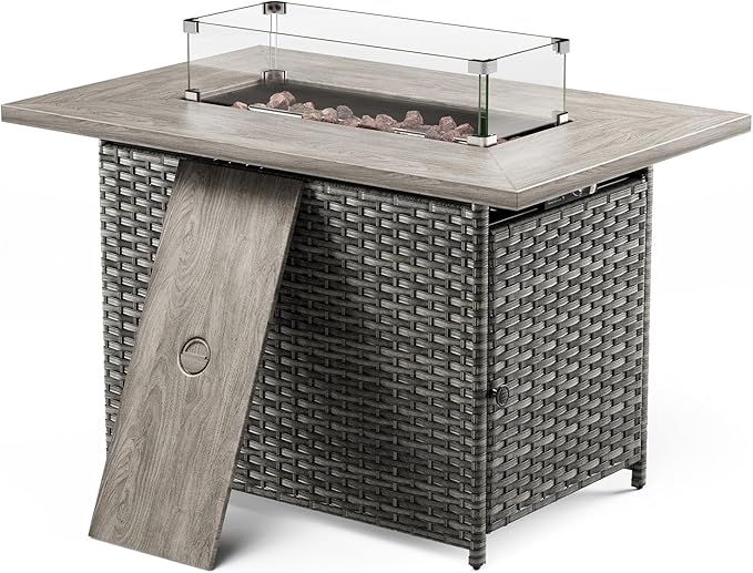 Belord 50000 BTU Propane Fire Pit Table with Lid and Lava Rock, 41 inch Rectangular Outdoor Firepit Wicker Furniture, Fireplace Table Perfect for Relaxed Outside Patio Backyard Ambiance, Gray