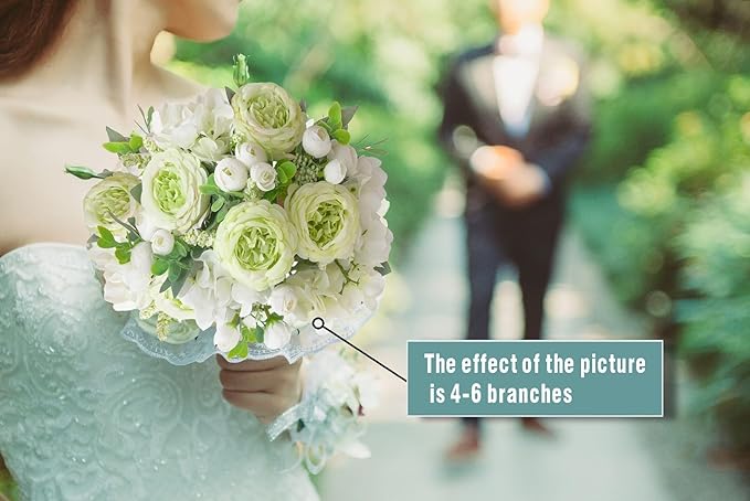 2 Bunches Green Peony Artificial Flowers for Decoration Faux Rose Fake Bouquet Silk Arrangements Table Centerpiece for Vase Cake Topper Bridal Baby Shower (2, Green White)