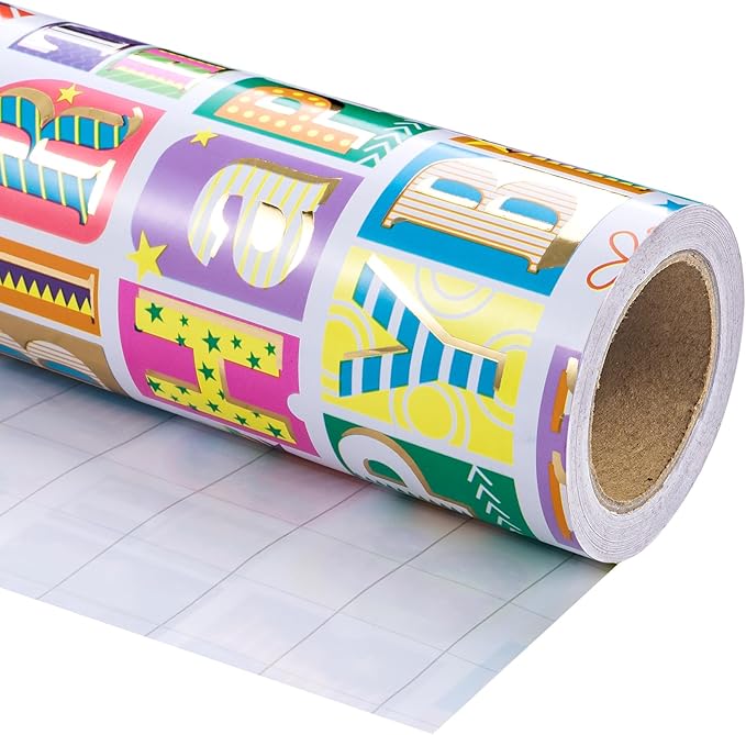 WRAPAHOLIC Birthday Wrapping Paper - Mini Roll - 17 Inch x 16.5 Feet - Colorful Gold Foil Happy Birthday Wrapping Paper for Kids, Girls, Women, Baby Shower, Wedding, Bridal Shower