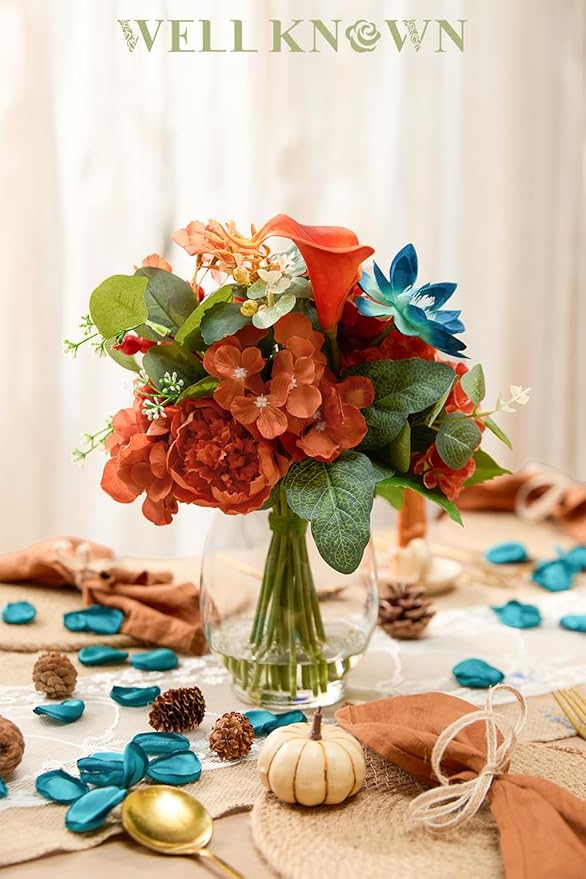 Artificial Flowers in Vase with Fake Water, Faux Silk Peony Dahlia Bouquet, Teal Burnt Orange Flowers Arrangement for Dining Table Centerpiece Wedding Chritmas Party Winter Home Decor & Birthday Gift
