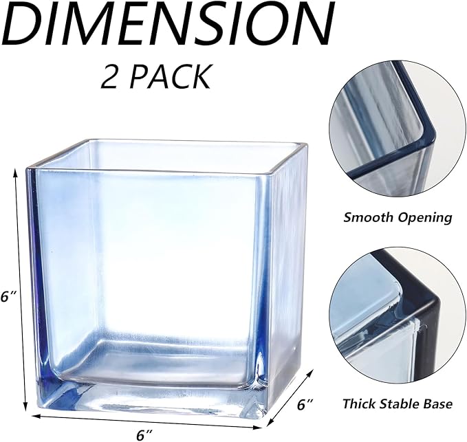 Square Blue Glass Vases Set of 2, 6" x 6" x 6" Square Vase for Centerpieces, Flower Vases for Centerpieces, Small Vase for Wedding, Party, Home Office Decoration