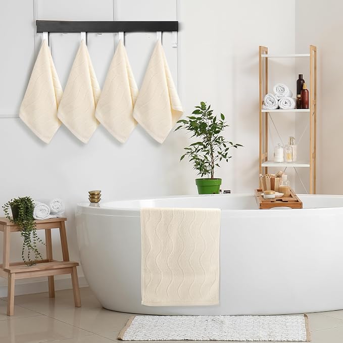 VitalCozy 4 Pcs Cream Color Hand Towels for Bathroom Wavy Striped Jacquard Decorative Towels 14x29 Inch 100% Cotton Soft Absorbent Boho Bathroom Decor for Kitchen Gift for Festival