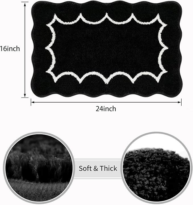 Scalloped Black Bathroom Rugs Mat,Shaggy Soft Non Slip Absorbent Quick Dry Bath Mats for Shower Room,Plush Microfiber Bath Rug for Bathroom Floor Carpet for Shower Tub Sink Bedroom,16"x24"