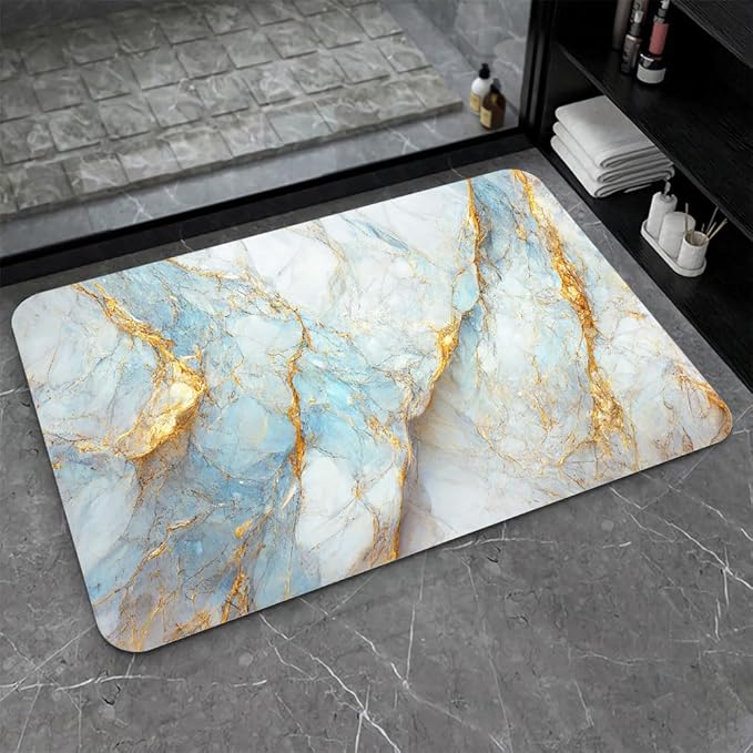 Diatomaceous Earth Bath Mat,Blue, White and Gold Marble Non-Slip Volume Super Absorbent Fast Drying for Bathroom Kitchen Door mat,Eco-Friendly Easy to Clean 20×31Inch (50 * 80cm)