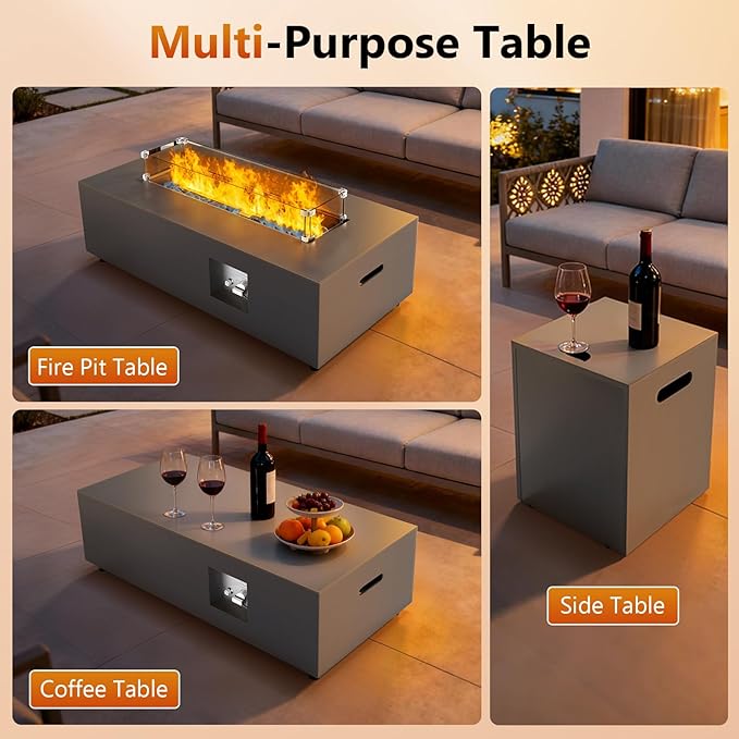 2-Piece 42" Rectangular Propane Fire Pit for Outside Patio with Hidden Tank Table, 50,000 BTU Fireplaces with Glass Wind Guard, Lid, Glass Rocks, Cover(Sand Beige)