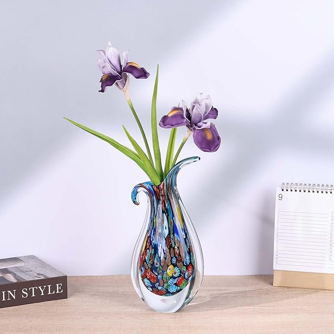 Hand Blown Glass Vase – Oval Decorative Art Glass for Centerpieces, Murano Inspired Decor for Dining Room, Entryway Table, or Shelf, Handmade Glass Vase for Home Display (Blue)