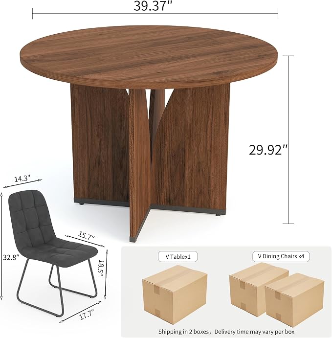 HIPIHOM Modern Round Dining Table Set for 4, 39.4" Walnut Kitchen Table with 4 PU Leather Chairs, 5-Piece Mid-Century Dining Room Set for Small Spaces, Pedestal Base