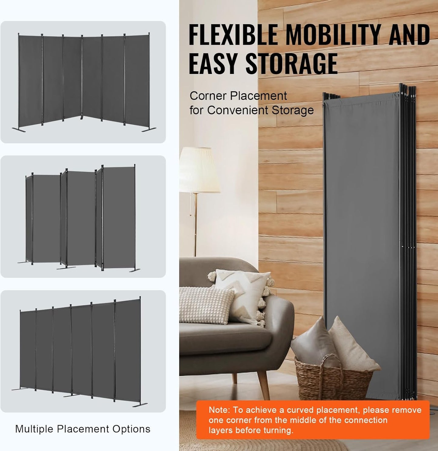 VEVOR 6-Panel Room Divider - Folding Privacy Screen & Portable Partition | Freestanding Grey Divider for Office & Bedroom
