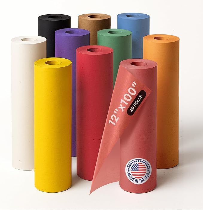 Assorted Colors Kraft Paper, Set of 10 Rolls 12" x 1200" (100 ft) - USA-Made Natural Multi-Color Construction Paper for Kids' Arts & Crafts, School & DIY Projects, Gift Wrapping by IDL Packaging