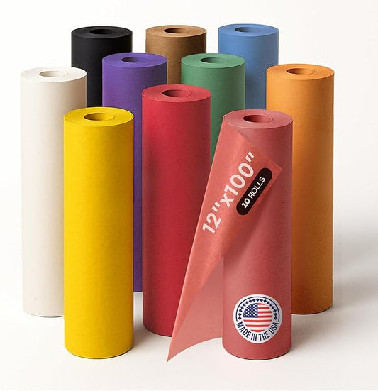 Assorted Colors Kraft Paper, Set of 10 Rolls 12" x 1200" (100 ft) - USA-Made Natural Multi-Color Construction Paper for Kids' Arts & Crafts, School & DIY Projects, Gift Wrapping by IDL Packaging