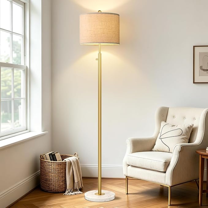 【Upgraded】 Dimmable Floor Lamp for Living Room, 11W LED Bulb Included, Modern Standing Lamp with Marble Base, Tall Pole Light with Linen Shade for Bedroom Reading Office Corner Nursery-Brass Gold
