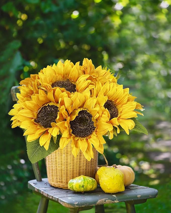 10PCS Sunflowers Artificial Flowers, Fake Silk Sunflower with Long Stem, Artificial Sunflowers for Fall Home Decor, Baby Shower, Wedding Decor and Cemetery Flowers Decor