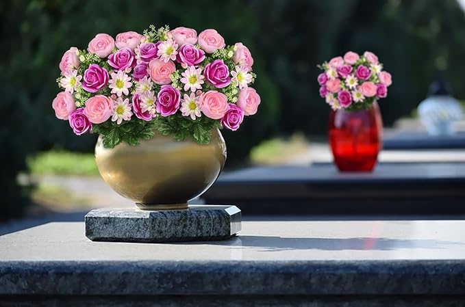 Hollyone Set of 2 Artificial Cemetery Flowers for Grave Memorial Flowers for Cemetery Outdoor Grave Decorations Silk Flower Arrangements Purple Rose Pink Ranunculus Gerbera Floral Flowers Bouquets
