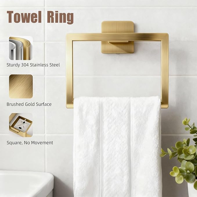 Brushed Gold Bathroom Accessories Hardware Set, 7-Pieces Stainless Steel Towel Racks for Bathroom, 16 Inch Towel Bar, Towel Holders, Updated Toilet Paper Holder with Shelf Wall Mounted