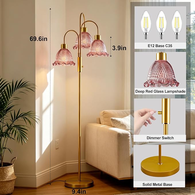 Lightdot 3-Light Glass Floor Lamp for Living Room, 70" Gold Dimmable Standing Tall Lamp with Deep Red Ribbed Glass Shades &3PCS 3000K Warm White Bulbs, Modern Tree Pole Lamp for Bedroom Home Decor