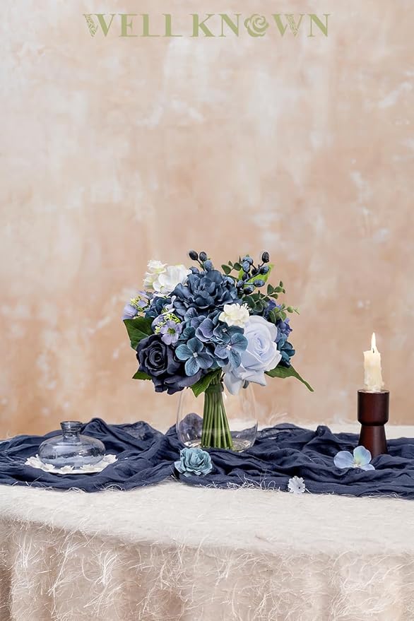 WELL KNOWN Fake Flowers in Vase with Fake Water, Realistic Faux Silk Blue Rose Hydrangea Artificial Flowers Indoor Arrangements Centerpiece for Coffee Table Wedding Party Fall Home Decor (Navy Blue)