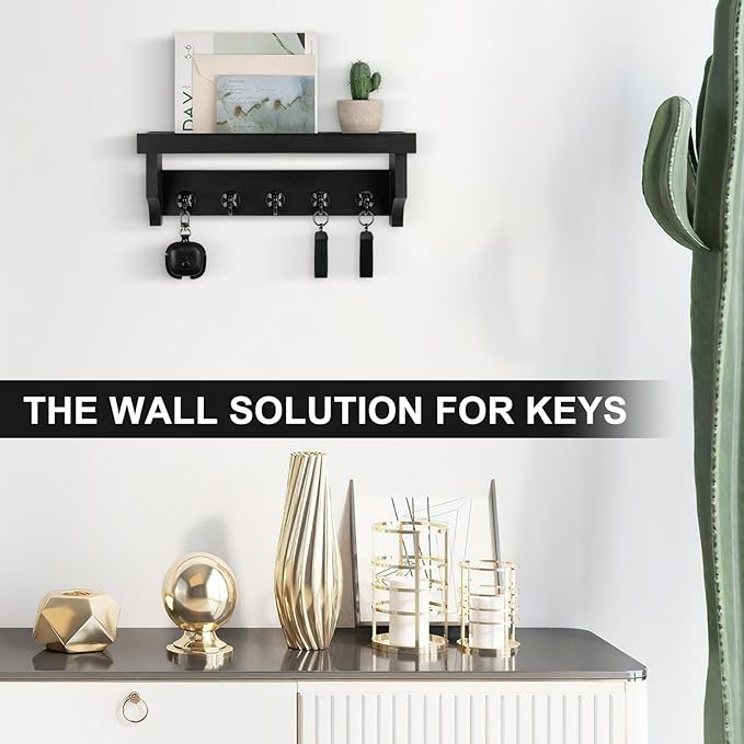 Lucundm Key and Mail Holder Wall Mount, Key Holder with Shelf and Mail Organizer Wall Mount. Mail Holder with 5 Hooks for Coat, Dog Leash, Home Decor Rack, Entry Way Organizer (Black)