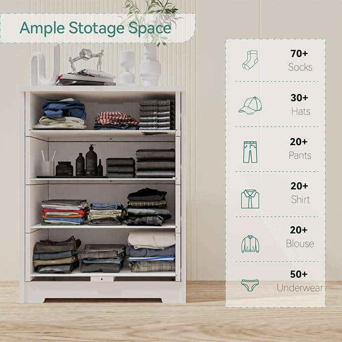 Dresser for Bedroom with Power Outlets Wood 4 Drawer Dresser with Large Organizer Tall Chest of Drawers Closet for Bedroom Living Room Kids Room Hallway