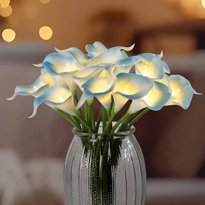 20pcs Lighted Artificial Calla Lily Bouquet Lamp Faux Floarl Night Light Real Touch Flower Night Lamp LED Calla Lily Lighted Artificial Flower for Holiday Home Kitchen Decor(Light Blue)