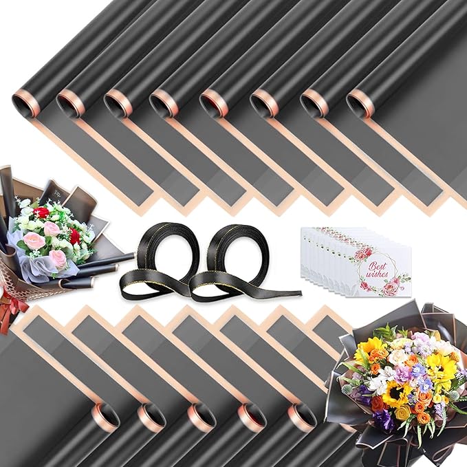 40 Sheets Black Grey Flower Wrapping Paper, Gold Edge Waterproof Floral Wrapping Paper, 22.8x22.8 inch Bouquet Paper Wrap with 2 Rolls Ribbon for Wedding Birthday Gift DIY Crafts Florist Supplies