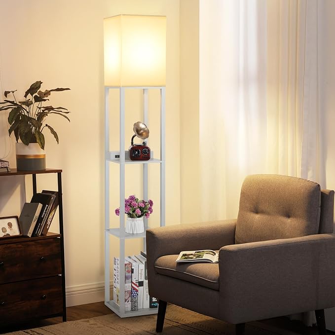 Mlambert Modern Shelf Floor Lamp with Wireless Charger & Fast Charging USB Ports & Type C Port & 2 Power Outlets,3 Tier Storage Lamp for Bedroom,Grey