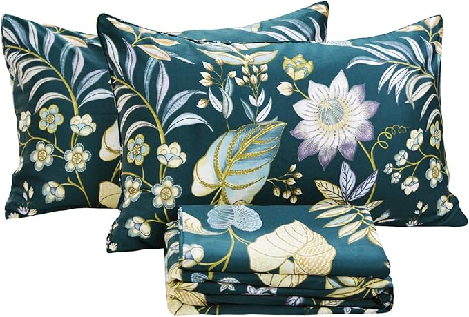 FADFAY Sheets Set Twin Teal Elegant Floral Bedding Tropical Plam Leave Sunflower Bedding 800 Thread Count Luxury Summer Sheets 100% Egyptian Cotton Deep Pocket Bed Sheets Set, 4 Pieces-Twin Size