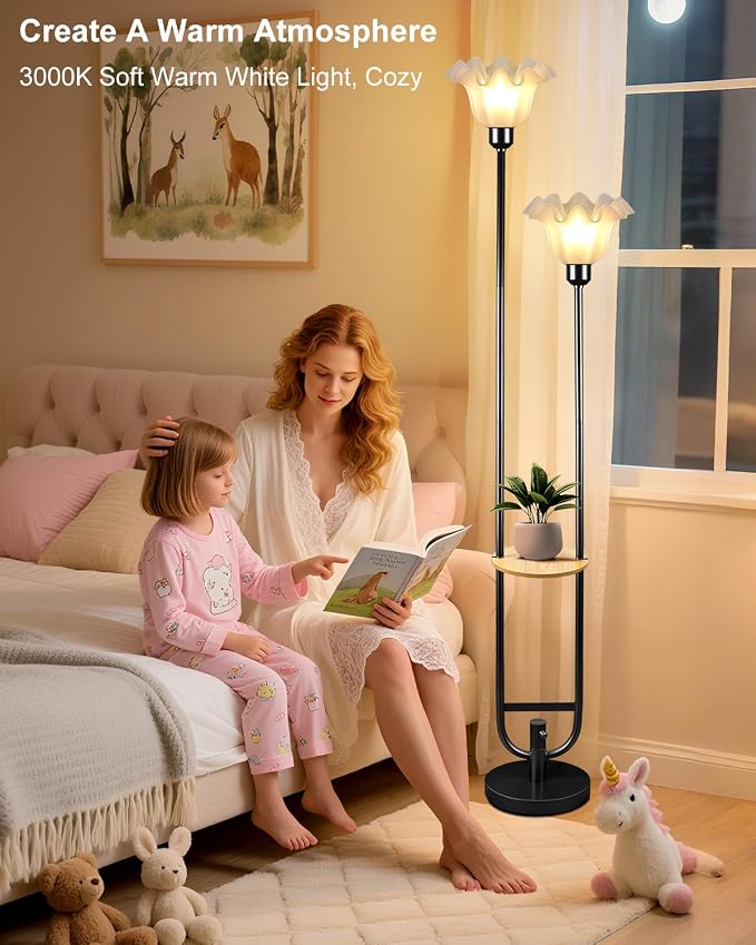 Flower Floor Lamps with Table, 2-Lights Floral Floor Lamp Dimmable, 3000K Warmwhite Modern Floor Lamp, Vintage Black Standing Lamp with 5Lbs Heavy Base for Living Room Bedroom Girls Room