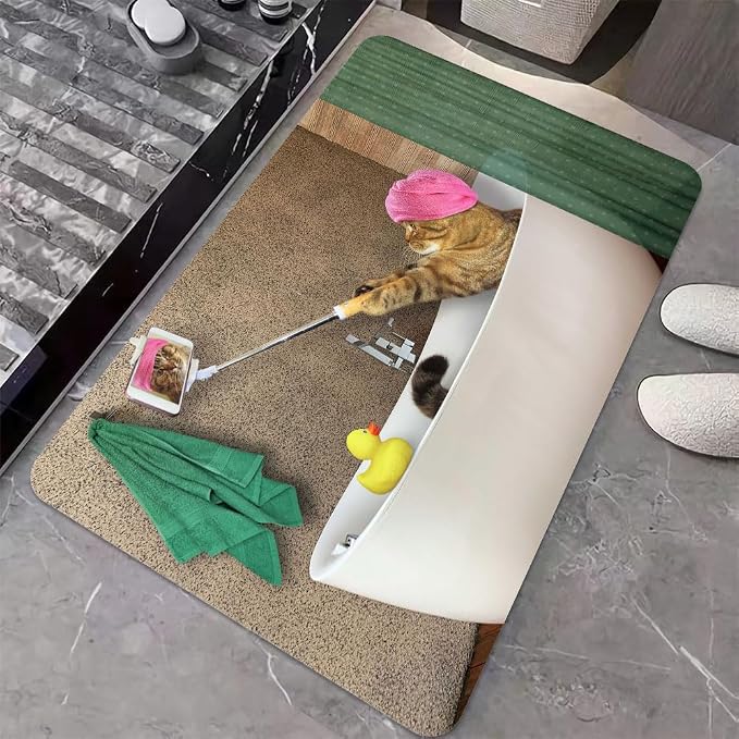Diatomaceous Earth Bath Mat,Cat is Taking a Bath with a Selfie Non-Slip Volume Super Absorbent Fast Drying for Bathroom Kitchen Door mat,Eco-Friendly Easy to Clean 17×27.5Inch (43 * 70cm)