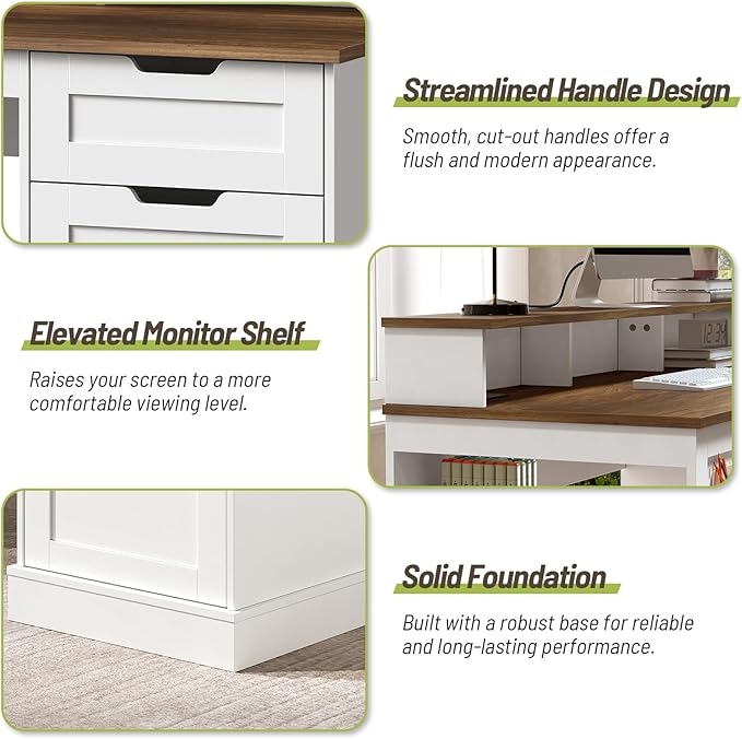 55inch Farmhouse Executive Desk with 2 Drawers and File Cabinet, Computer Desk with 3-Tier Storage Shelves, Home Office Desk with Charging Station, Pegboard and Monitor Shelf, White and Walnut