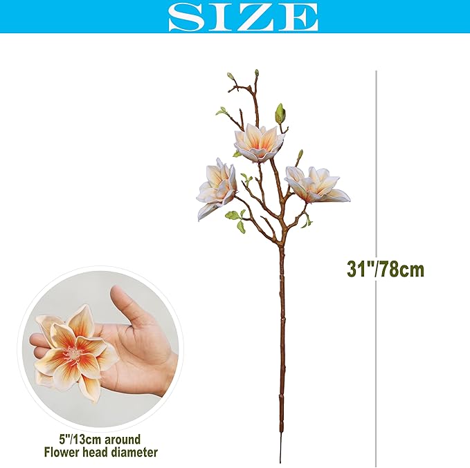 3pcs Artificial Magnolia Flower Branches, 31 Inch Long Stem Faux Floral, Premium Faux Bloom for Home Decor, Centerpieces, and Wedding Arrangements, Champagne