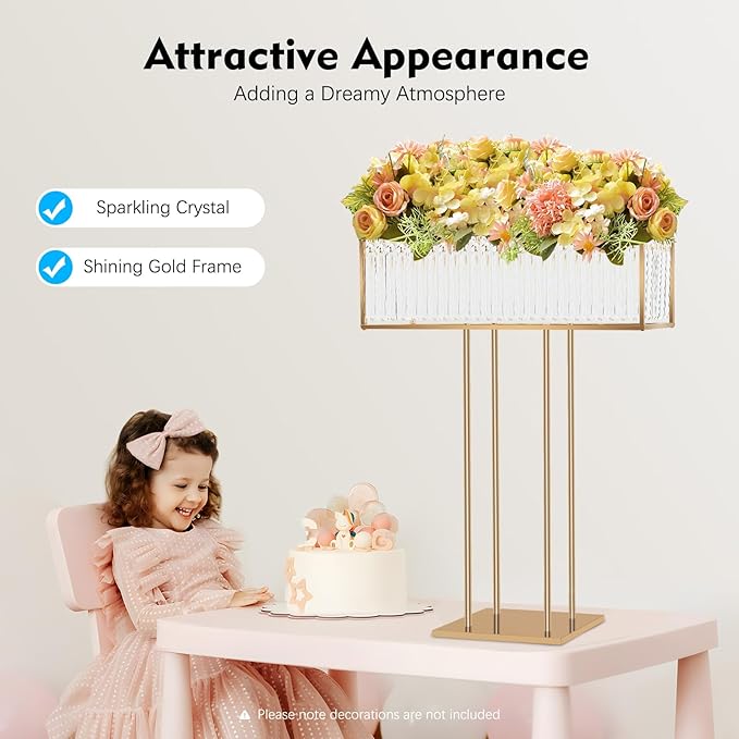 Metal Flower Floor Vase, Wedding Crystal Centerpiece Flower Stand, 35.43 inch Tall Gold Flower Holder, Square Gold Frame Flowers Stand for Party, Floral Arrangement Stand for Home Banquet