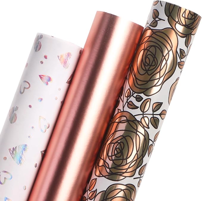 Ribbli Rose Gold Mother’s Day Wrapping Paper Mini Roll, 3 Rolls Happy Birthday Floral Heart Gift Wrap for Women Girl Friend Wedding - 17 inch x 120 inch(10feet) Per Roll