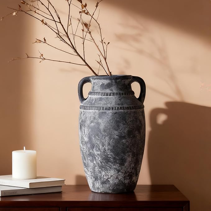 Farmhouse Rustic Ceramic Vase with Handles, 11 inch Gray-White Textured Modern Terracotta Vintage Vases for Home Decor Centerpieces Table Pottery Barn Furniture Decorative (Tall - C)