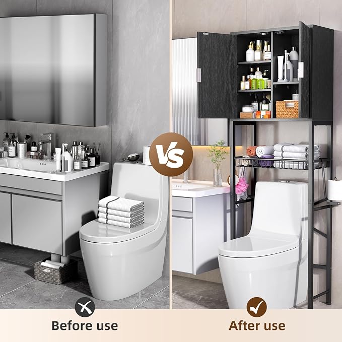 Kalrin Over The Toilet Storage Cabinet with Fluted Wave Doors and Adjustable Shelf, Wood Over Toilet Storage Rack with Drain Basket, Freestanding Bathroom Organizer for Balcony Laundry, Pure Black