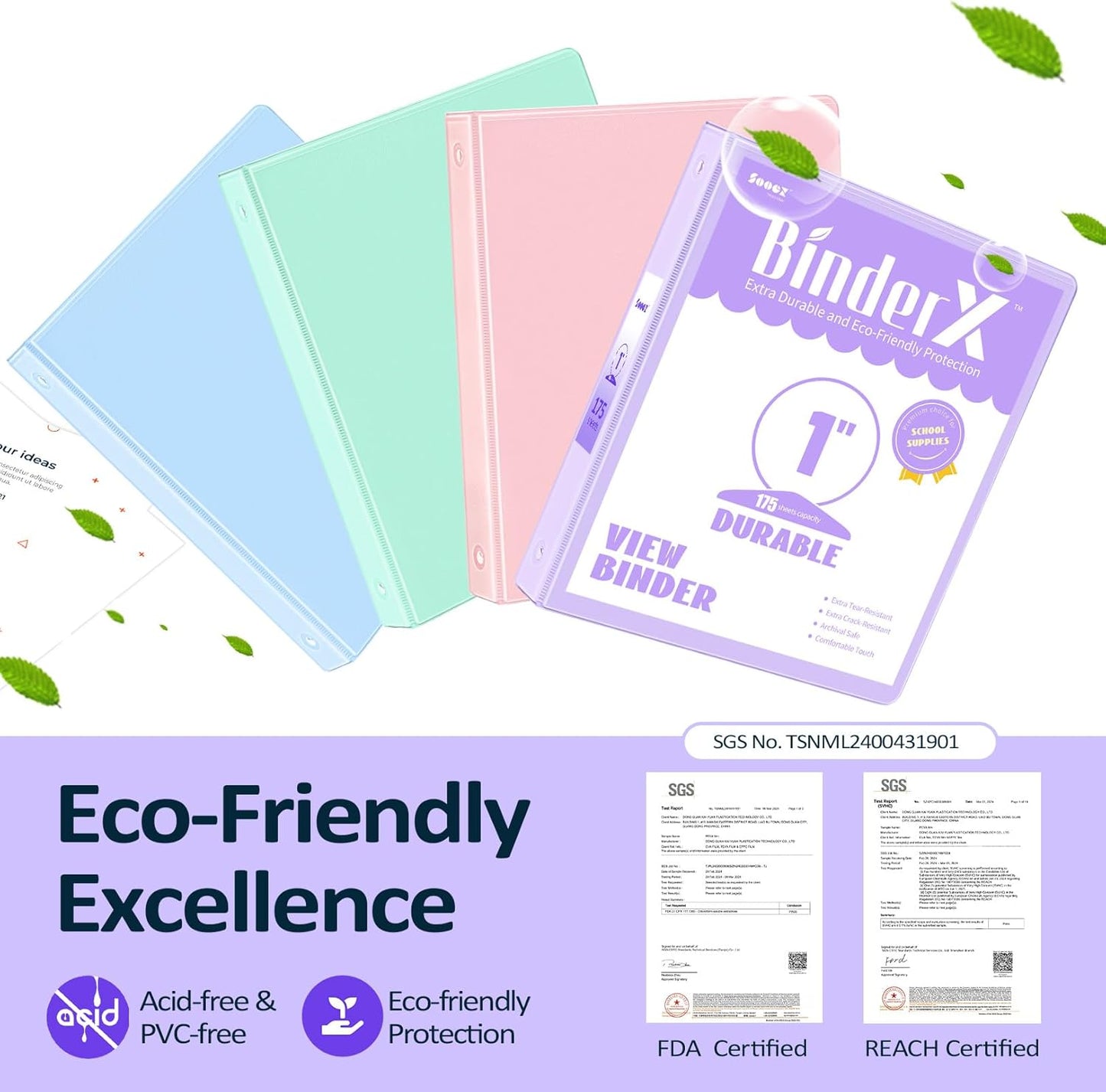 Sooez 1” Three Ring Binder - Eco-Friendly & PVC Free with Customizable Clear View Cover | 4 Pack, Pastel Colors for School & Office