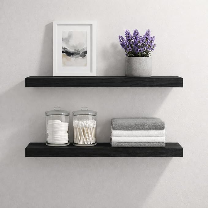 BGMG Wood Floating Shelves for Wall 24 inch,Black Floating Shelves,Solid Wood Wall Mount Shelves for Bathroom Living Room Bedroom Kitchen Farmhouse Set of 2-24x 6.7 x1.25 inch