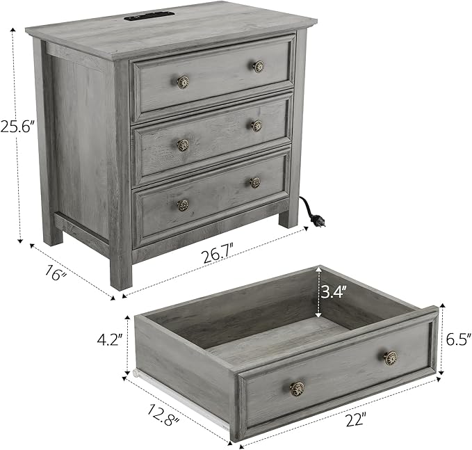 LGHM Large Nightstand with Charger Station, Dressers for Bedroom with 3 Drawers, 25.6" Tall Chest of Drawers Closet Organizers & Storage Clothes -Textured Borders for Living Room, Hallway, Gray