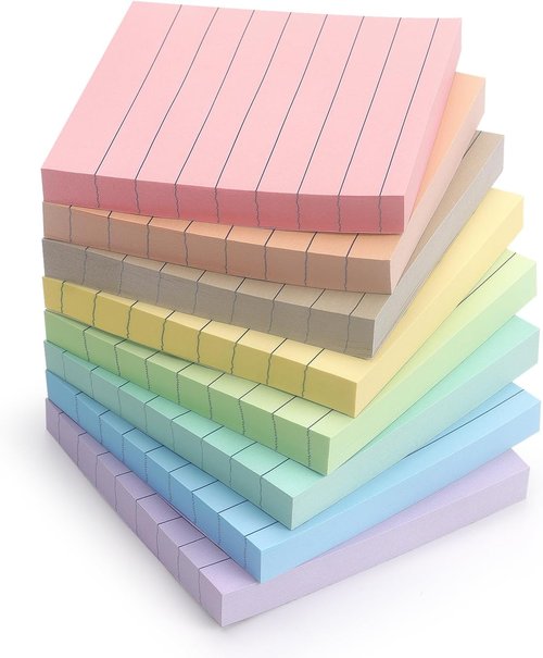 Lined Sticky Notes 3x3 Inch - 8 Pack Premium Self-Adhesive Notepads | Light Colors for Office & Home Use